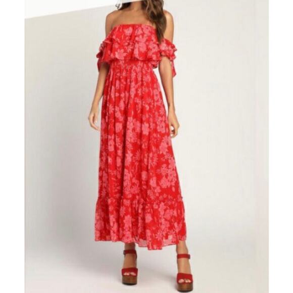 Lulu's off the shoulder red and pink floral dress size medium